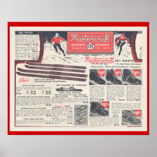Vintage Skiwerbung, Skibekleidung und Skiausrüstun Poster