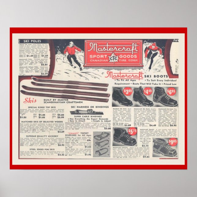 Vintage Skiwerbung, Skibekleidung und Skiausrüstun Poster (Vorne)