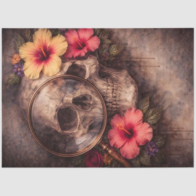 Vintage Skull with Magnifying Glass and Hibiscus Seidenpapier (Vorderseite)