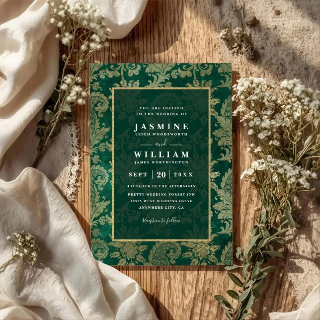 Vintage Smaragd-Pfau-Gold-QR-Code-Hochzeit Einladung (Von Creator hochgeladen)