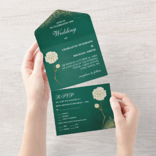 Vintage Smaragdgrün- und Goldhochzeit All In One Einladung