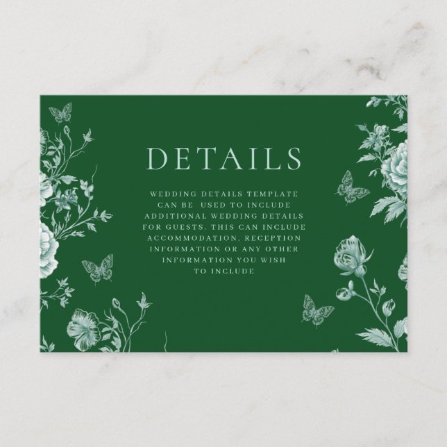Vintage Smaragdgrüne Hochzeitdetails Begleitkarte (Vorderseite)