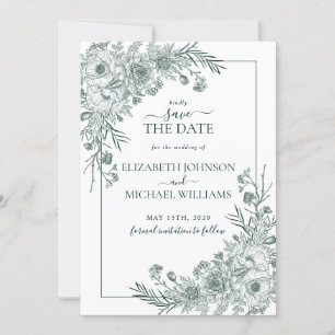 Vintage Smarald Floral LineArt Foto Save the Date Einladung