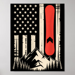 Vintage-Snowboard-Berg-Amerikanische-Flagge-Design Poster