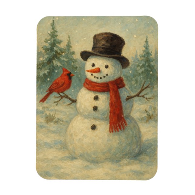 Vintage Snowman and Red Bird Christmas  Magnet (Vertikal)