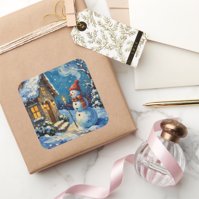 Vintage Snowman by Candlelit Christmas Cottage Quadratischer Aufkleber (Schenken)