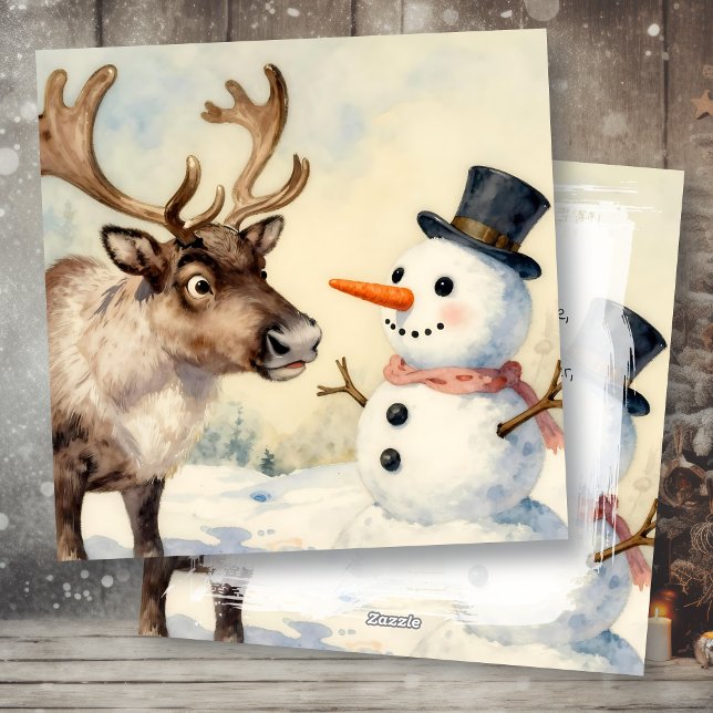 Vintage Snowman & Reindeer Personalized Christmas Feiertagskarte (Von Creator hochgeladen)