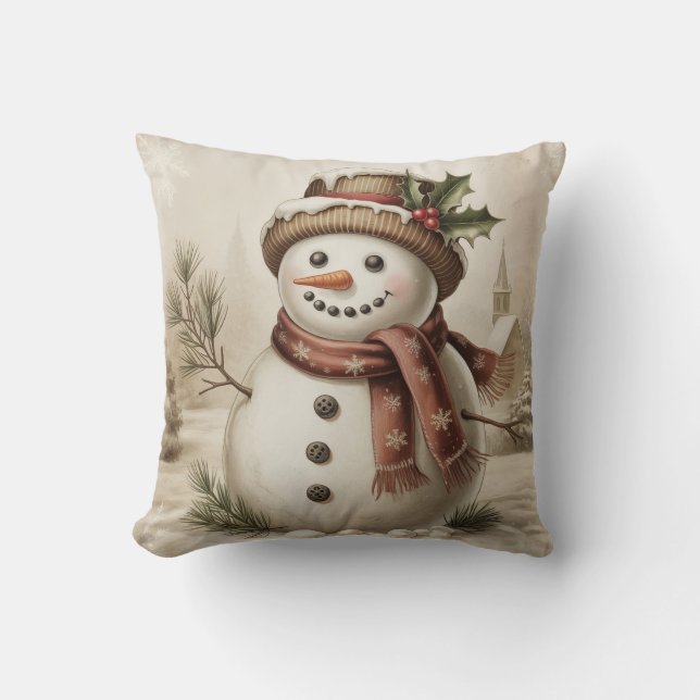 Vintage Snowman Throw PIllow Kissen (Vorderseite)