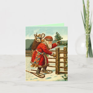 Vintage Snowshoeing Santa Christmas Holiday Card Feiertagskarte