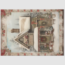 Vintage Snowy Christmas Cottage Holiday Decoupage Seidenpapier