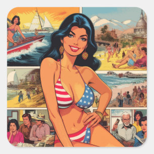 Vintage Sommer-Girl-Comicen Quadratischer Aufkleber