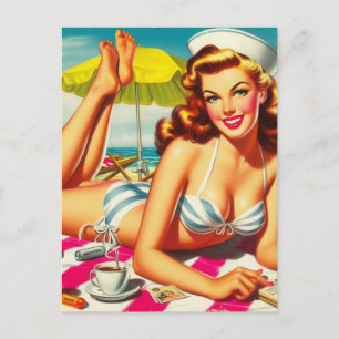 Vintage Sommer Strand Pin Up Postkarte