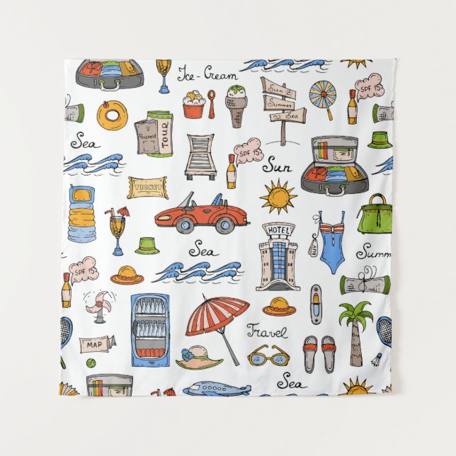 Vintage Sommersymbole handGezeichnet Muster Wandteppich (Vorderseite)