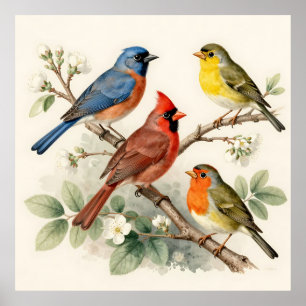 Vintage-Songbird-Blütenzweig-Illustration Poster