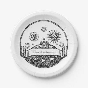 Vintage-Sonne-Mond-Sterne-Ozean-Planet-Erde-Zeichn Pappteller