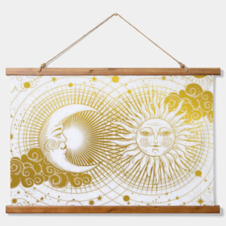 Vintage Sonne und Mond Wandteppich Mit Holzrahmen
