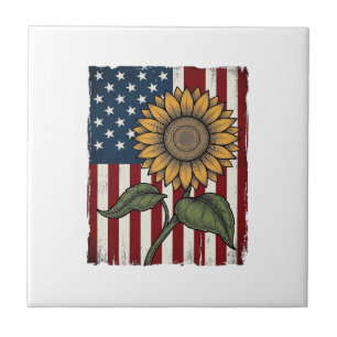 Vintage-Sonnenblume-amerikanische Flagge Fliese