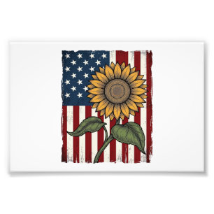 Vintage-Sonnenblume-amerikanische Flagge Fotodruck