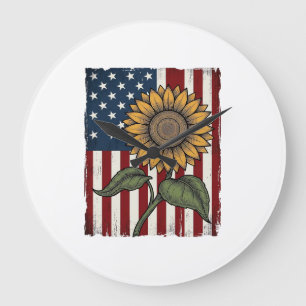 Vintage-Sonnenblume-amerikanische Flagge Große Wanduhr