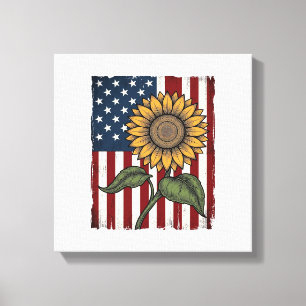Vintage-Sonnenblume-amerikanische-Flagge Leinwanddruck