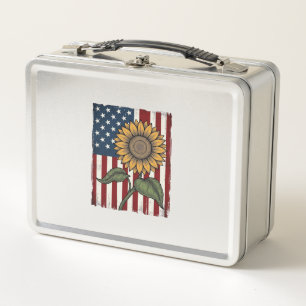 Vintage-Sonnenblume-amerikanische Flagge Metall Brotdose