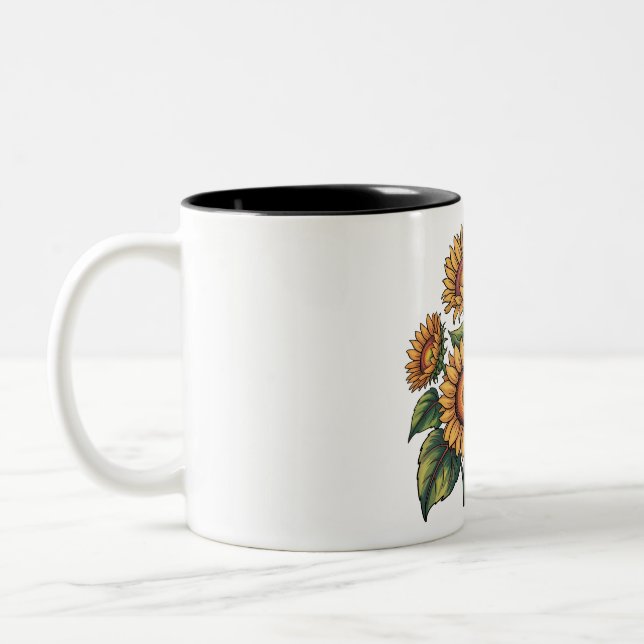 Vintage Sonnenblumen-Bienen-Illustration Zweifarbige Tasse (Links)