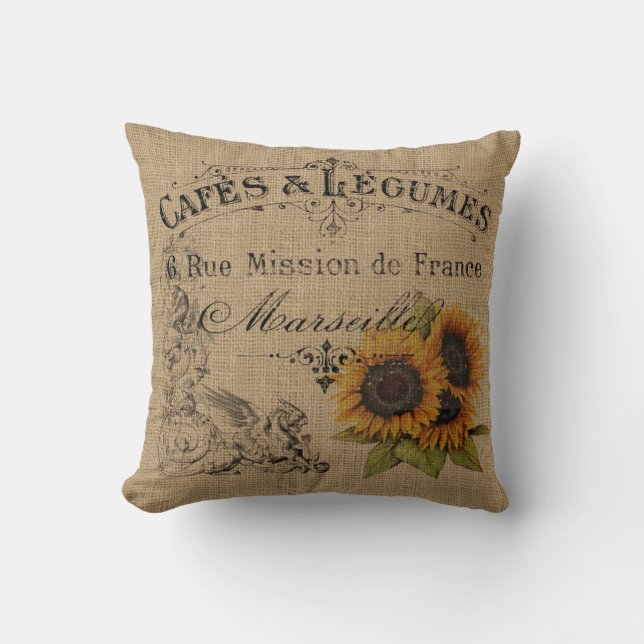 Vintage Sonnenblumen Burlap Kissen (Vorderseite)