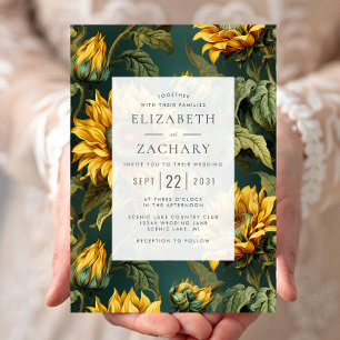 Vintage Sonnenblumen Gelbe Dunkelgrüne Hochzeit Einladung