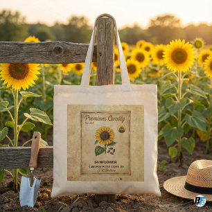 Vintage-Sonnenblumen-Samenpaket auf rustikalem Can Tragetasche