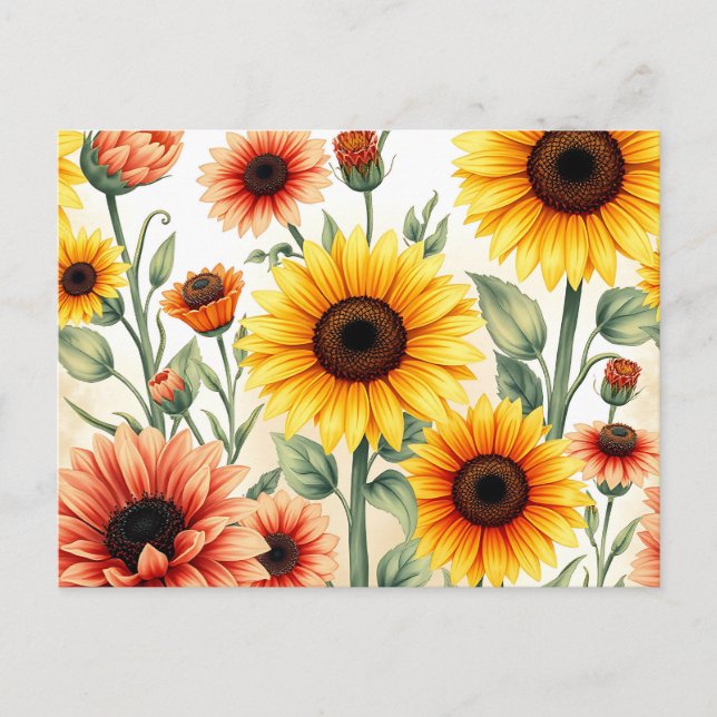 Vintage Sonnenblumen und Botanische Marigolds Postkarte (Vorderseite)