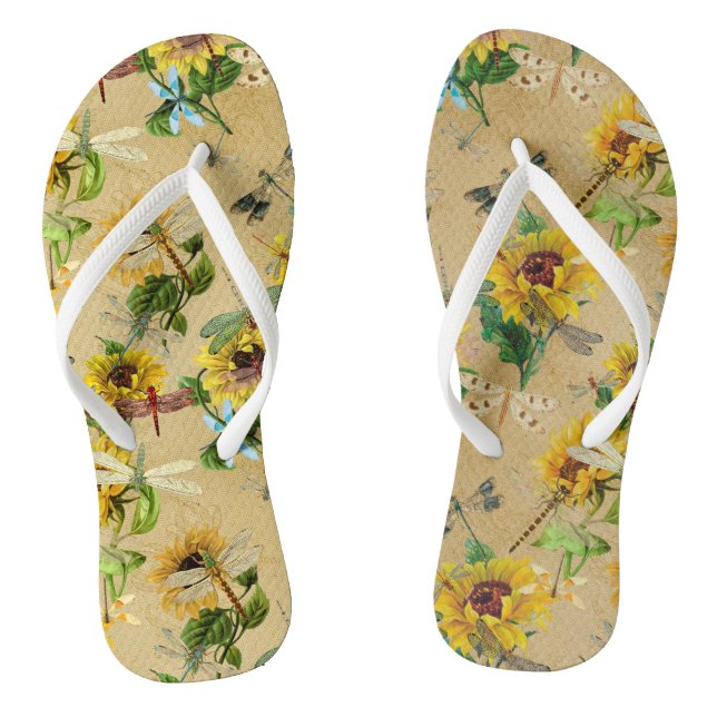 Vintage Sonnenblumen und Libellen Flip Flops (Fußbett)