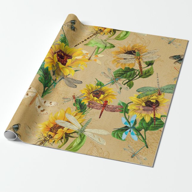 Vintage Sonnenblumen und Libellen Geschenkpapier (Ungerollt)