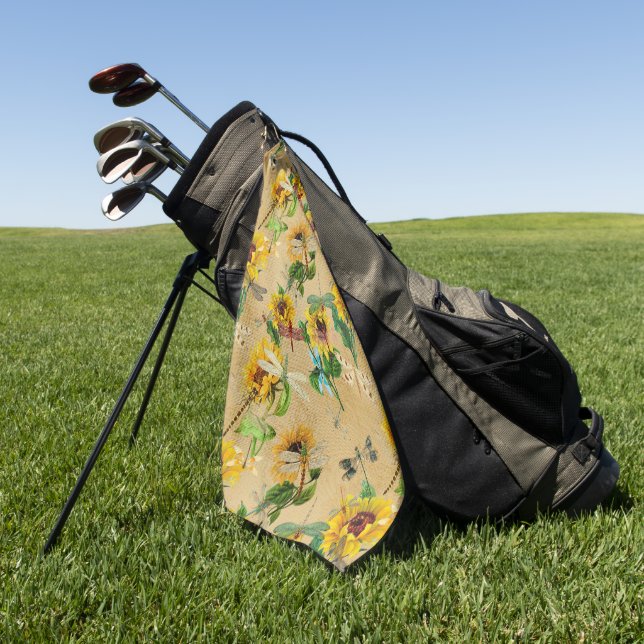 Vintage Sonnenblumen und Libellen Golfhandtuch (Gras)