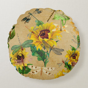 Vintage Sonnenblumen und Libellen Rundes Kissen