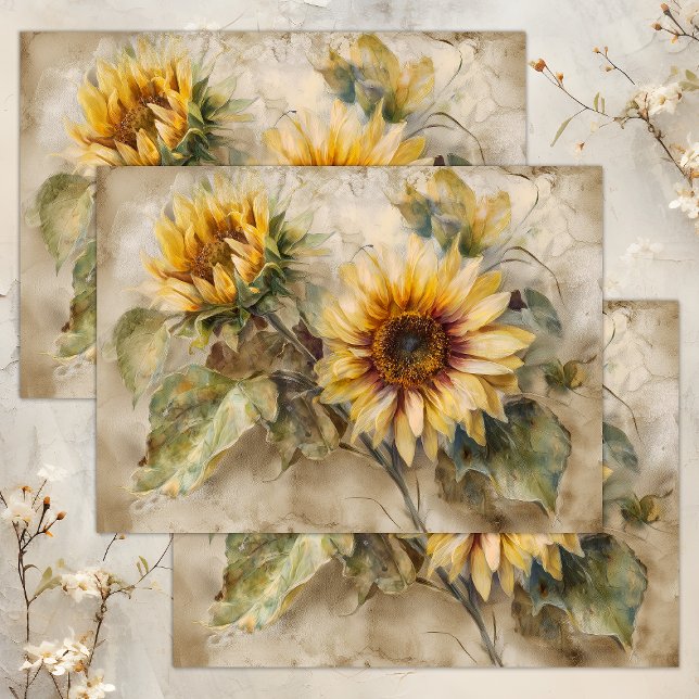 VINTAGE SONNENBLUMENDEKOUPAGE SEIDENPAPIER (VINTAGE SUNFLOWERS FLORAL DECOUPAGE TISSUE PAPER)