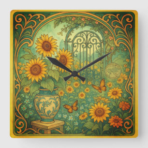 Vintage-Sonnenblumengarten-Schmetterlinge Art Nouv Quadratische Wanduhr