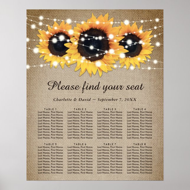 Vintage Sonnenblumenkernmatte Hochzeitstabelle 8 Poster (Vorne)