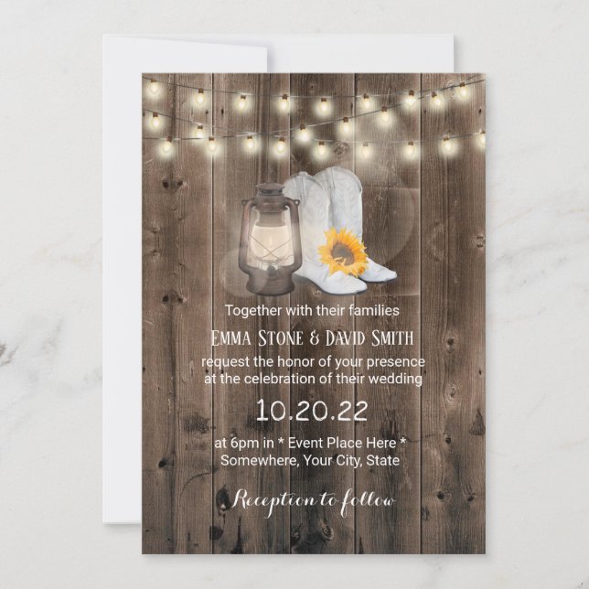 Vintage Sonnenblumenstiefel & Laternenhochzeit Wes Einladung (Vorderseite)