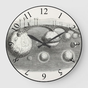 Vintage-Sonnensystem Schwarz-Weiß-Surreal Große Wanduhr
