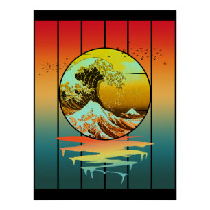 Vintage-Sonnenuntergang Japanische Kanagawa-Welle  Poster