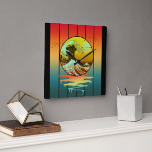 Vintage-Sonnenuntergang Japanische Kanagawa-Welle Quadratische Wanduhr