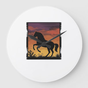 Vintage-Sonnenuntergang-Pferdesilhouette Western-G Große Wanduhr