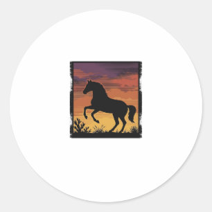 Vintage-Sonnenuntergang-Pferdesilhouette Western-G Runder Aufkleber