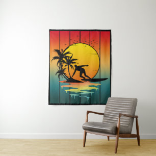 Vintage Sonnenuntergang Surfen Surfer Ozean Welle Wandteppich