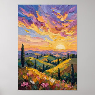Vintage-Sonnenuntergang über Hügel-Landschaftskuns Poster