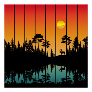 Vintage-Sonnenuntergang-Wald-Sonnenaufgang-Landsch Poster