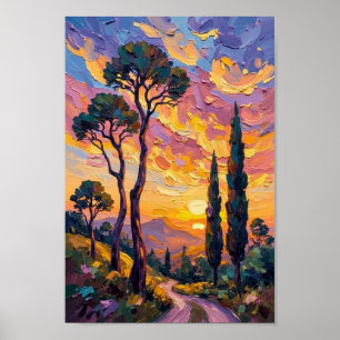 Vintage-Sonnenuntergangs-Silhouette-Landschaftskun Poster