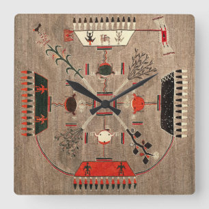 Vintage Southwestern Art Navajo Sand Painting Rug Quadratische Wanduhr