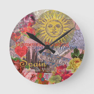 Vintage Spanien Sonnenschein Reise Collage Retro E Runde Wanduhr