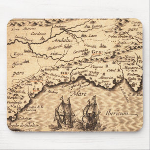 Vintage spanische Küstenkarte mit Segelgalleonen Mousepad